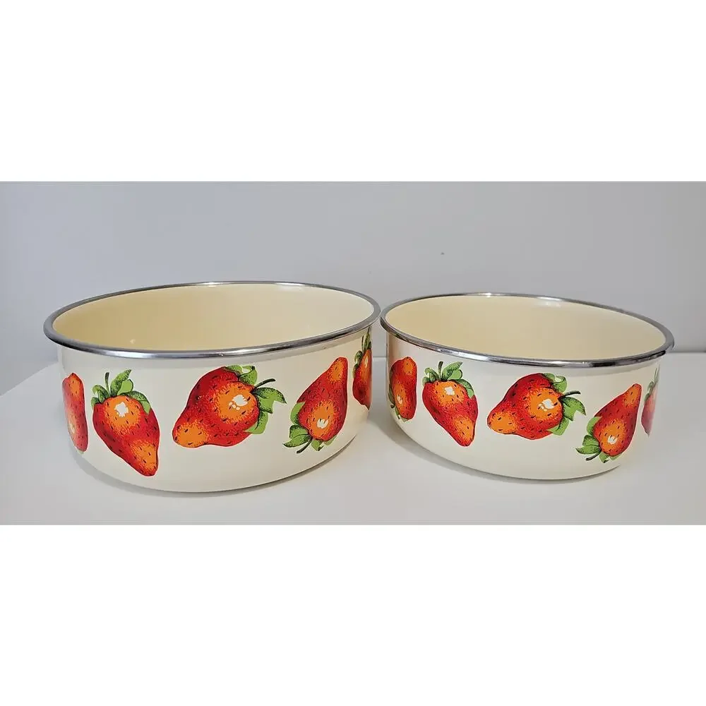 Two Vintage Kobe Enamel Bowls Cream Strawberry Nesting Mixing Cottagecore